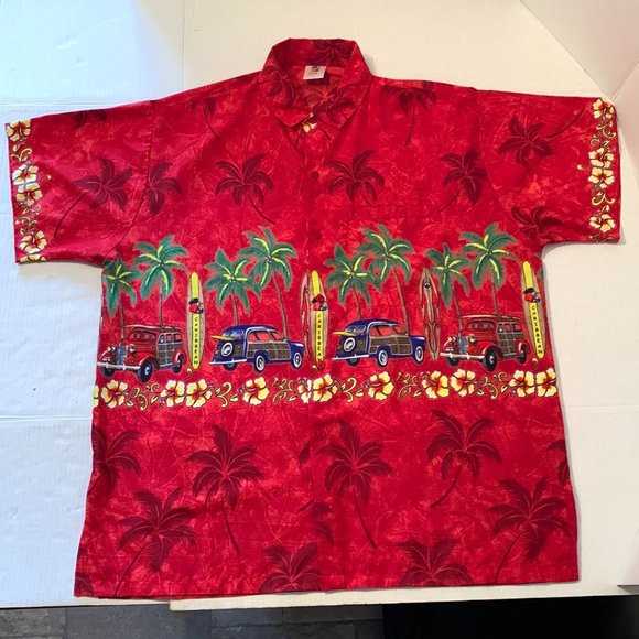 Rima Hawaiian Button Down Shirt Mens Large  Red with Cars and Palm Trees - Picture 1 of 7